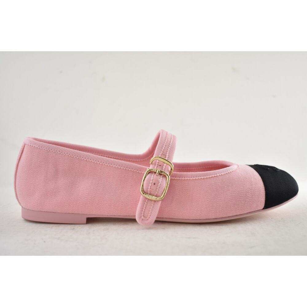 Chanel 25S Pink Fabric Black CC Logo Mary Jane Strap Ballerina Ballet Flat 37 - Picture 2 of 16